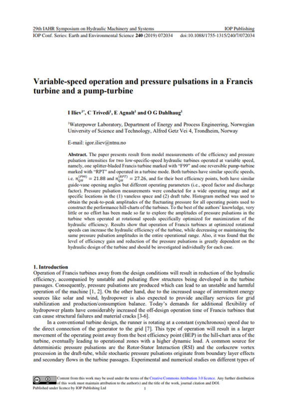 Variable-speed operation and pressure pulsations in a francis turbine and a pump-turbine